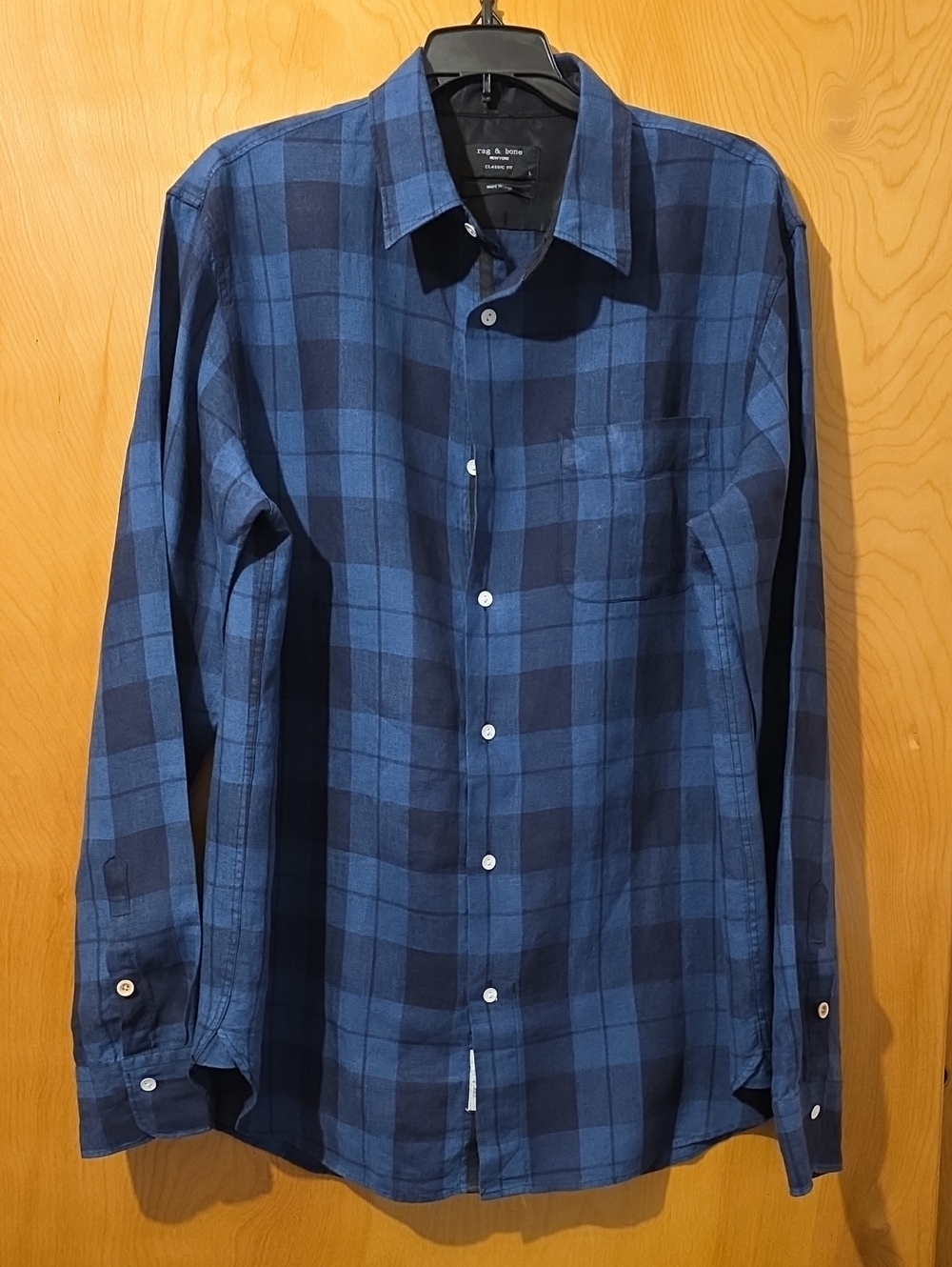 rag & bone Blue/Black Linen Plaid Long-Sleeve Button-Down Shirt Size Large